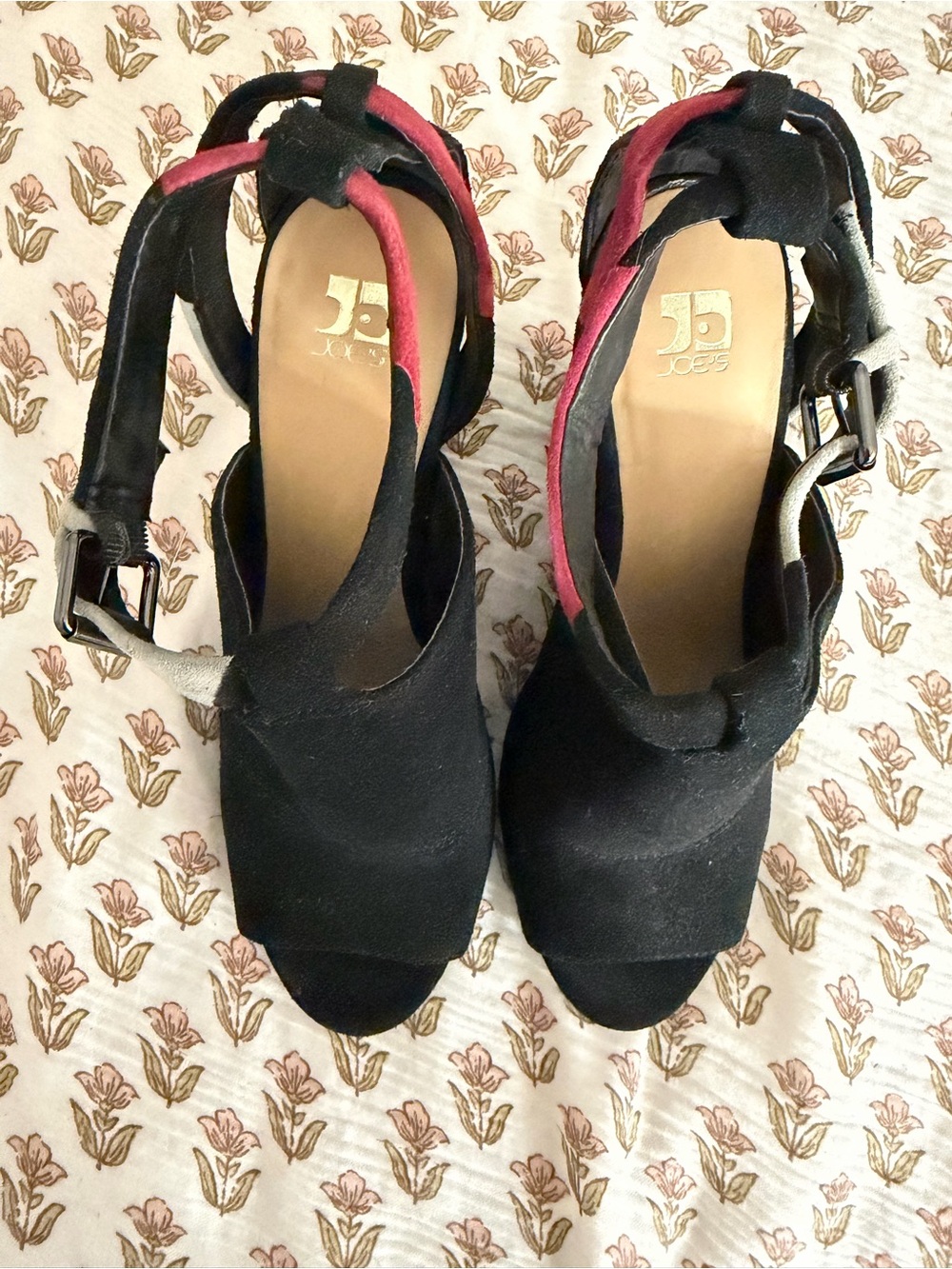 Joe's Jeans Black Suede Peep-Toe Ankle-Strap Heels with Pink Lining